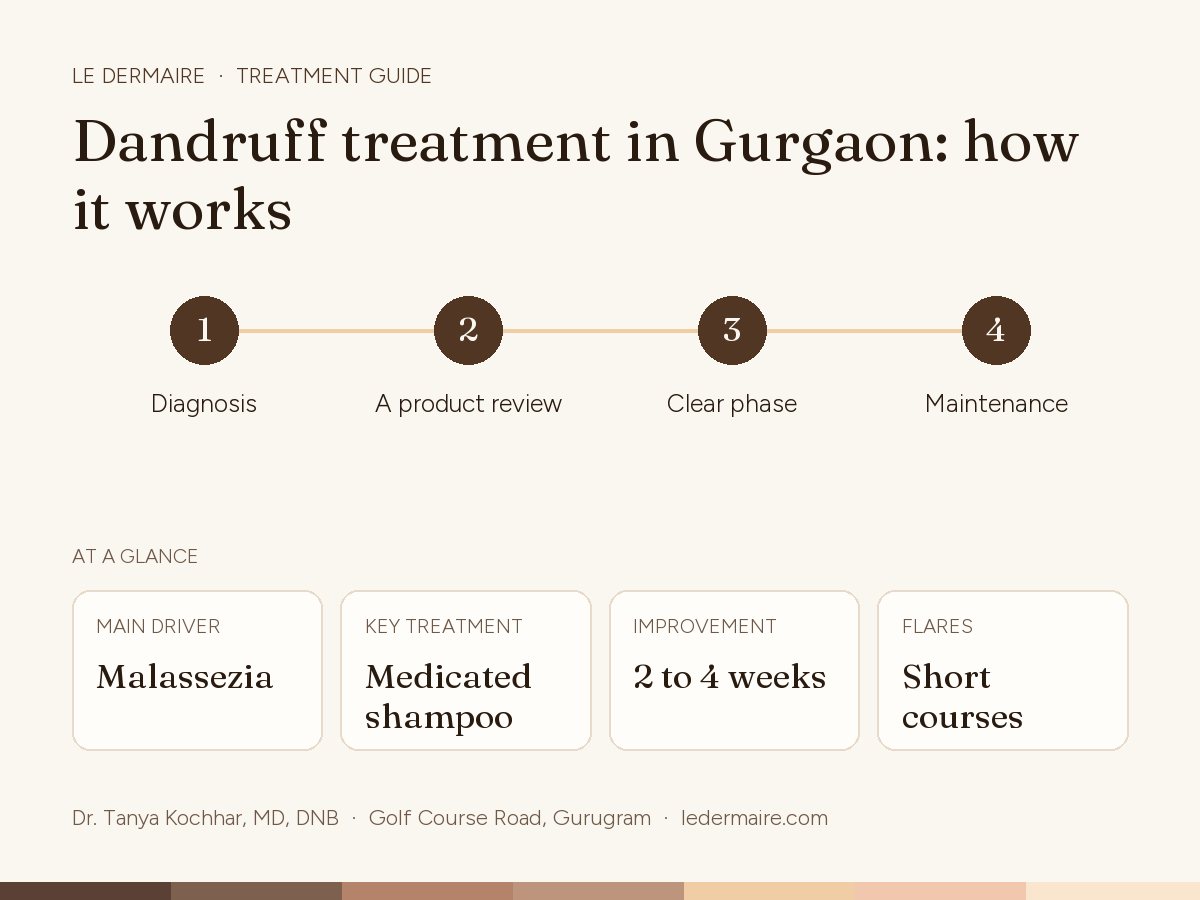Dandruff & Seborrhoeic Dermatitis Treatment in Gurgaon at Le Dermaire, step by step: diagnosis, A product review, clear phase, maintenance. Typical figures: main driver malassezia; key treatment medicated shampoo; improvement 2 to 4 weeks; flares short courses.