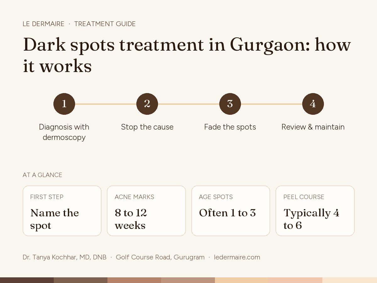 Dark Spots Treatment in Gurgaon at Le Dermaire, step by step: diagnosis with dermoscopy, stop the cause, fade the spots, review & maintain. Typical figures: first step name the spot; acne marks 8 to 12 weeks; age spots often 1 to 3; peel course typically 4 to 6.