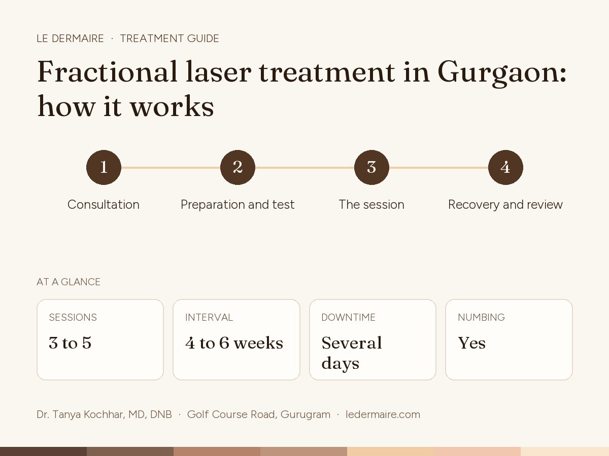 Fractional Laser Treatment in Gurgaon at Le Dermaire, step by step: consultation, preparation and test, the session, recovery and review. Typical figures: sessions 3 to 5; interval 4 to 6 weeks; downtime several days; numbing yes.