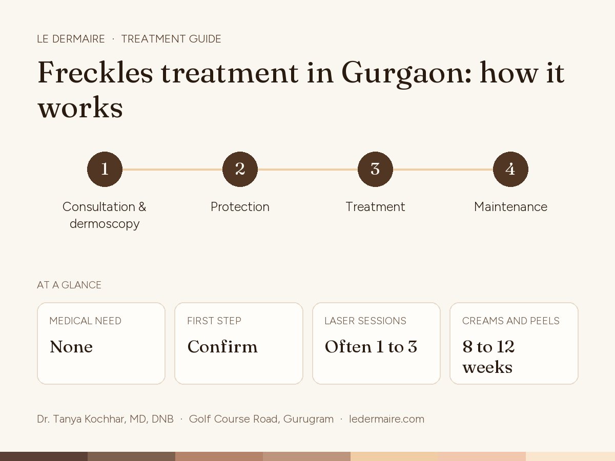 Freckles Treatment in Gurgaon at Le Dermaire, step by step: consultation & dermoscopy, protection, treatment, maintenance. Typical figures: medical need none; first step confirm; laser sessions often 1 to 3; creams and peels 8 to 12 weeks.