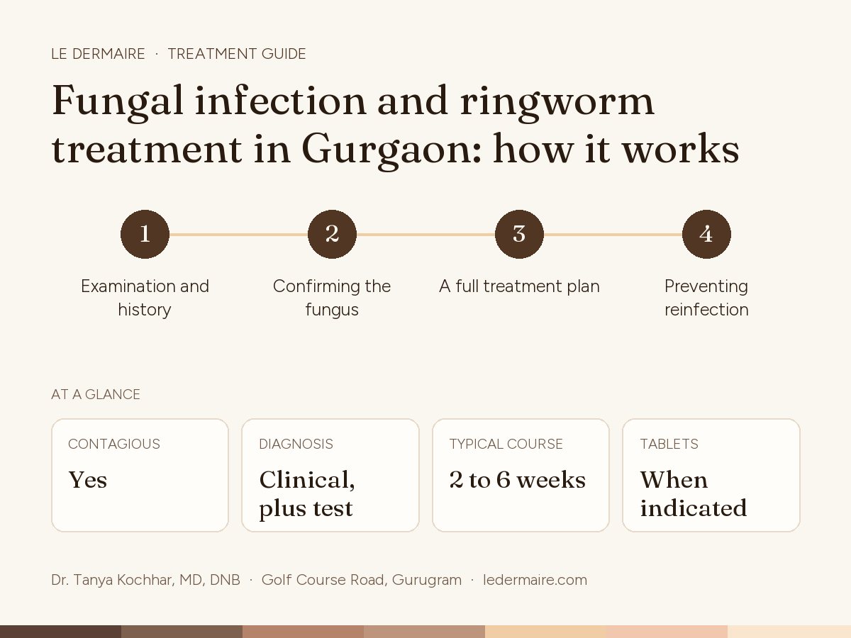 Fungal Infection Treatment in Gurgaon at Le Dermaire, step by step: examination and history, confirming the fungus, A full treatment plan, preventing reinfection. Typical figures: contagious yes; diagnosis clinical, plus test; typical course 2 to 6 weeks; tablets when indicated.