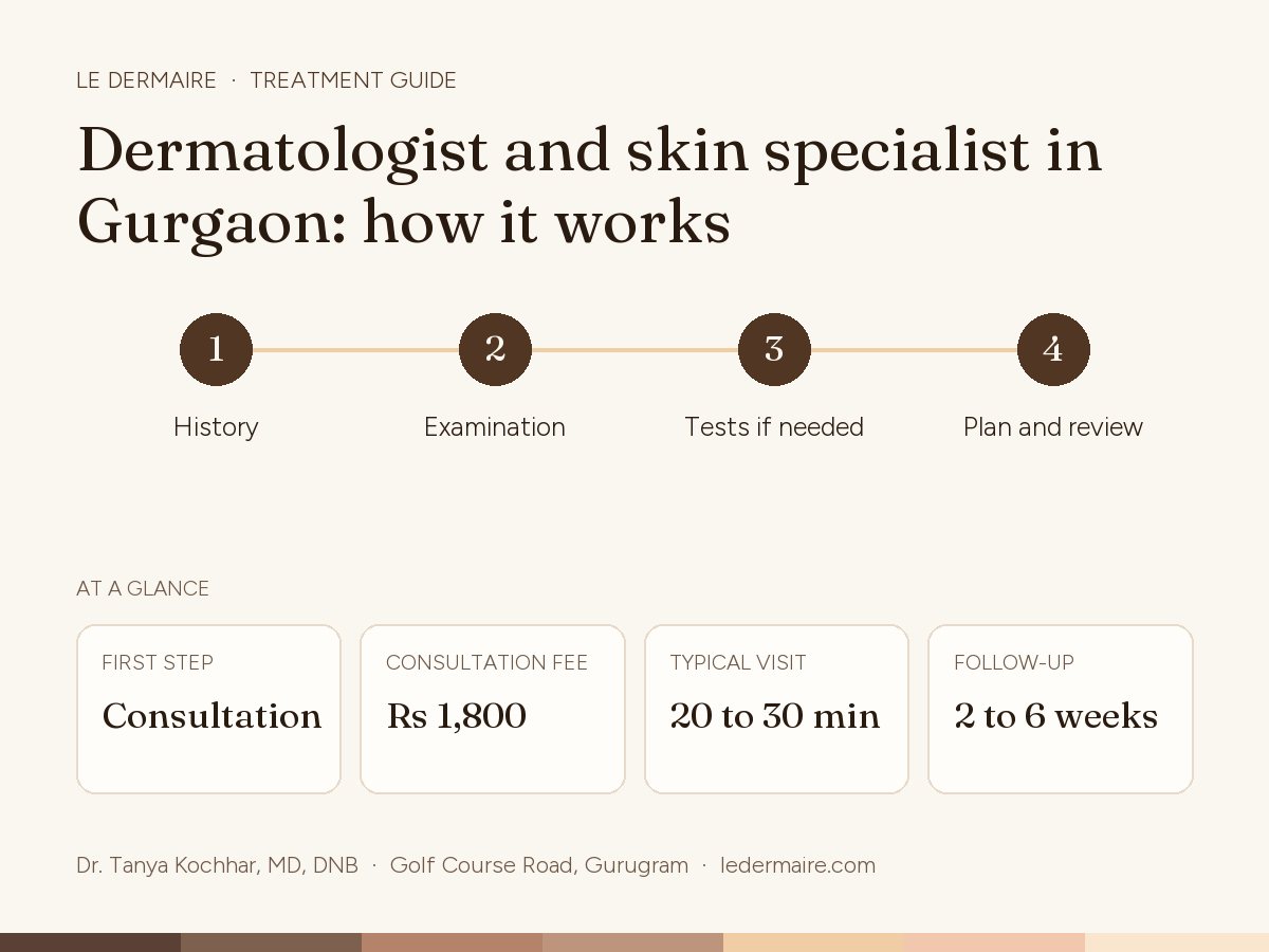 General Dermatology in Gurgaon at Le Dermaire, step by step: history, examination, tests if needed, plan and review. Typical figures: first step consultation; consultation fee rs 1,800; typical visit 20 to 30 min; follow-up 2 to 6 weeks.