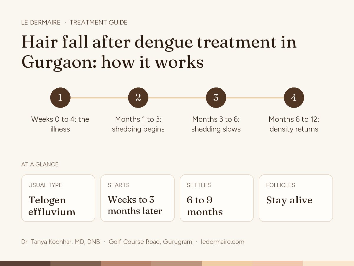 Hair Fall After Dengue Treatment in Gurgaon at Le Dermaire, step by step: weeks 0 to 4: the illness, months 1 to 3: shedding begins, months 3 to 6: shedding slows, months 6 to 12: density returns. Typical figures: usual type telogen effluvium; starts weeks to 3 months later; settles 6 to 9 months; follicles stay alive.