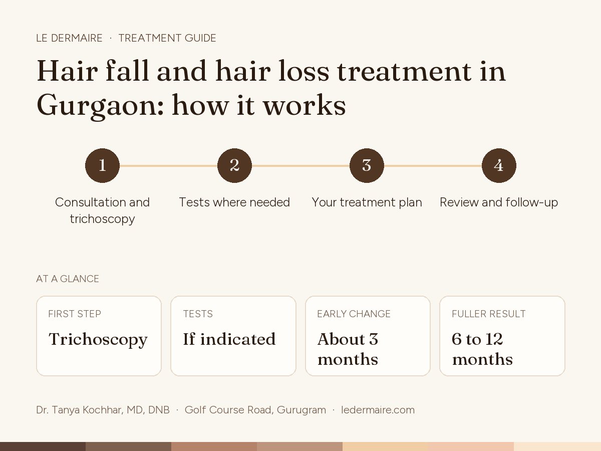 Hair Fall & Hair Loss Treatment in Gurgaon at Le Dermaire, step by step: consultation and trichoscopy, tests where needed, your treatment plan, review and follow-up. Typical figures: first step trichoscopy; tests if indicated; early change about 3 months; fuller result 6 to 12 months.