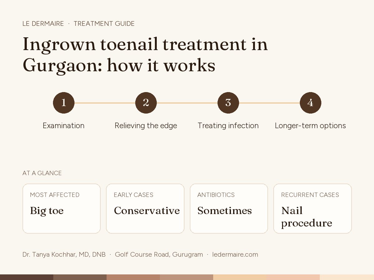 Ingrown Toenail Treatment in Gurgaon at Le Dermaire, step by step: examination, relieving the edge, treating infection, longer-term options. Typical figures: most affected big toe; early cases conservative; antibiotics sometimes; recurrent cases nail procedure.