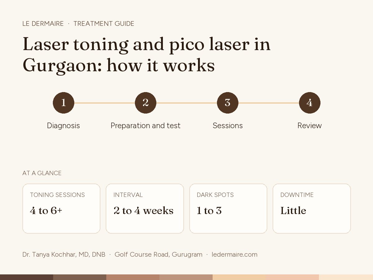 Laser Toning in Gurgaon at Le Dermaire, step by step: diagnosis, preparation and test, sessions, review. Typical figures: toning sessions 4 to 6+; interval 2 to 4 weeks; dark spots 1 to 3; downtime little.