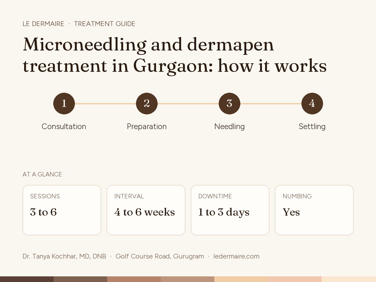 Microneedling in Gurgaon at Le Dermaire, step by step: consultation, preparation, needling, settling. Typical figures: sessions 3 to 6; interval 4 to 6 weeks; downtime 1 to 3 days; numbing yes.
