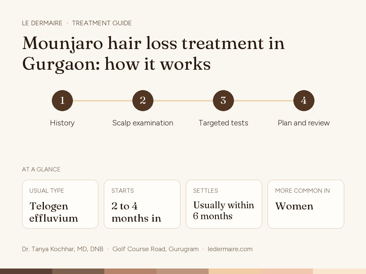 Mounjaro & Ozempic Hair Loss Treatment in Gurgaon at Le Dermaire, step by step: history, scalp examination, targeted tests, plan and review. Typical figures: usual type telogen effluvium; starts 2 to 4 months in; settles usually within 6 months; more common in women.