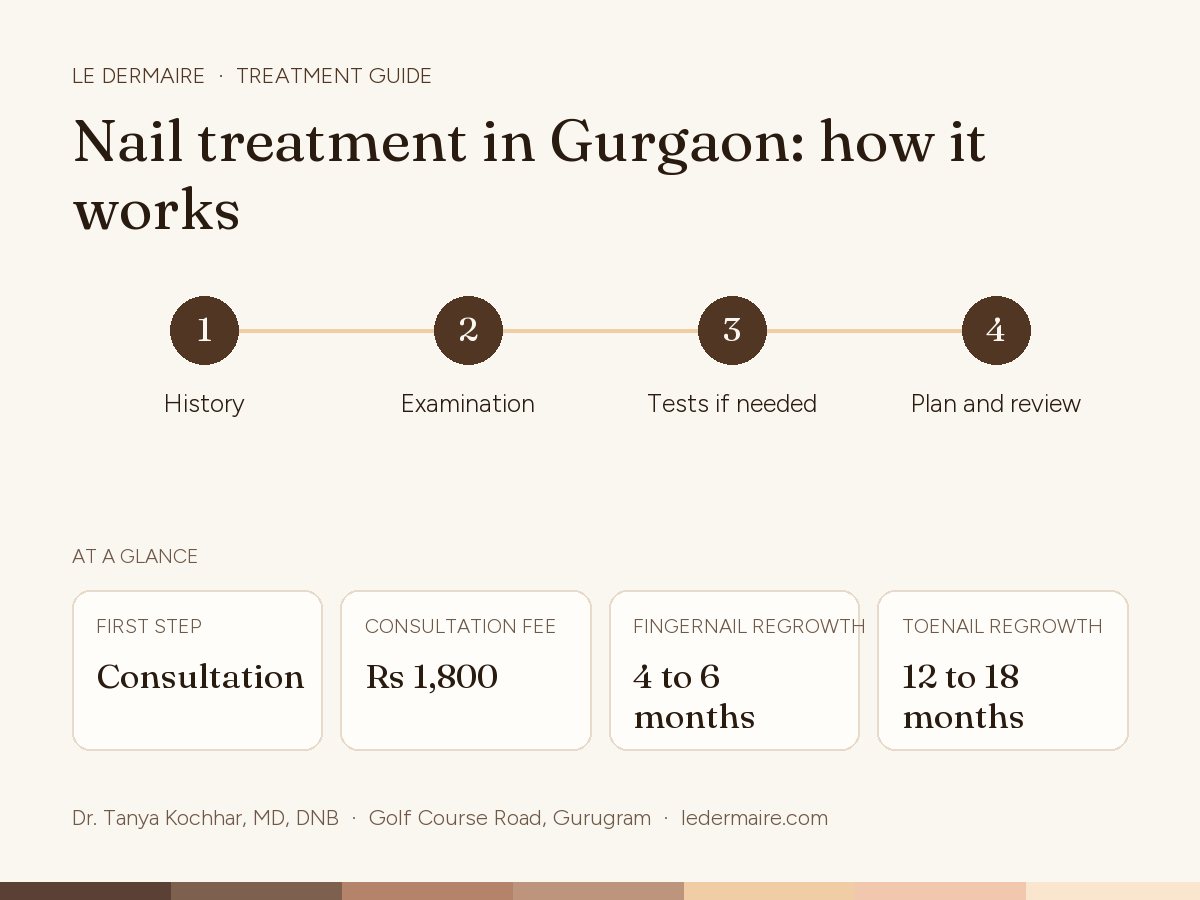Nail Treatment in Gurgaon at Le Dermaire, step by step: history, examination, tests if needed, plan and review. Typical figures: first step consultation; consultation fee rs 1,800; fingernail regrowth 4 to 6 months; toenail regrowth 12 to 18 months.
