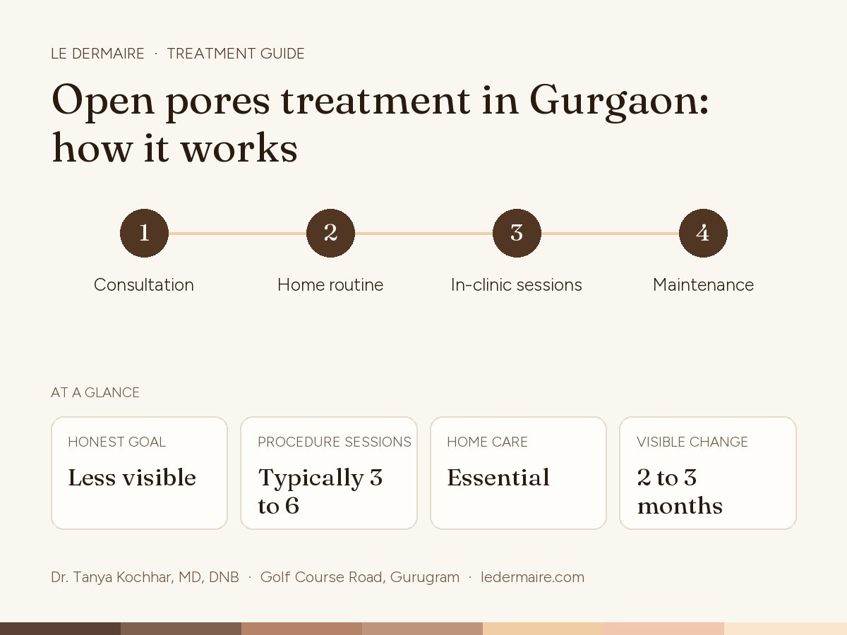 Open Pores Treatment in Gurgaon at Le Dermaire, step by step: consultation, home routine, in-clinic sessions, maintenance. Typical figures: honest goal less visible; procedure sessions typically 3 to 6; home care essential; visible change 2 to 3 months.