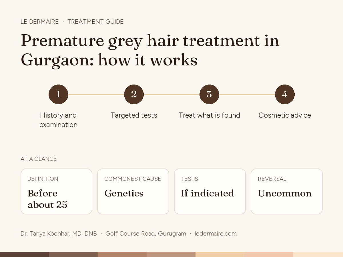 Premature Greying Treatment in Gurgaon at Le Dermaire, step by step: history and examination, targeted tests, treat what is found, cosmetic advice. Typical figures: definition before about 25; commonest cause genetics; tests if indicated; reversal uncommon.