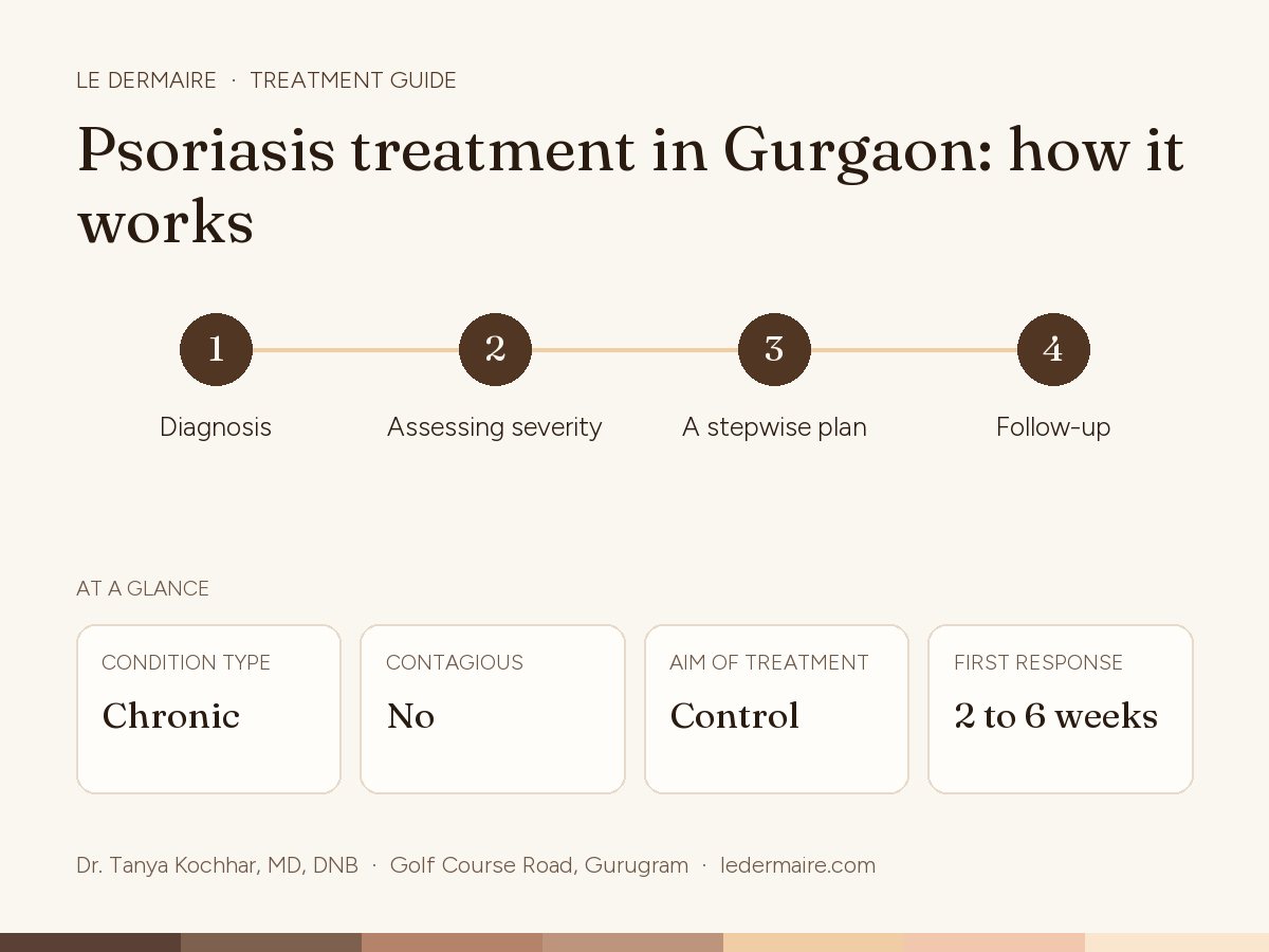 Psoriasis Treatment in Gurgaon at Le Dermaire, step by step: diagnosis, assessing severity, A stepwise plan, follow-up. Typical figures: condition type chronic; contagious no; aim of treatment control; first response 2 to 6 weeks.