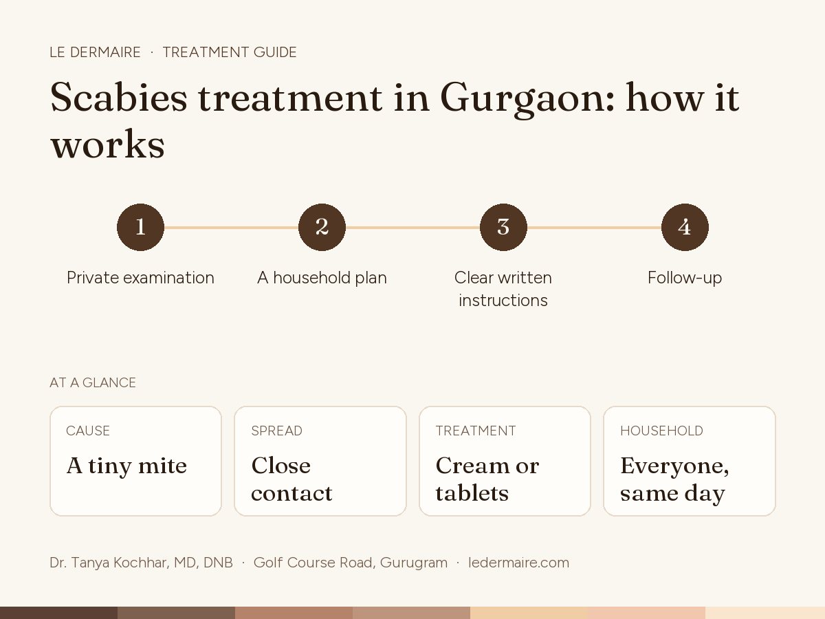 Scabies Treatment in Gurgaon at Le Dermaire, step by step: private examination, A household plan, clear written instructions, follow-up. Typical figures: cause A tiny mite; spread close contact; treatment cream or tablets; household everyone, same day.