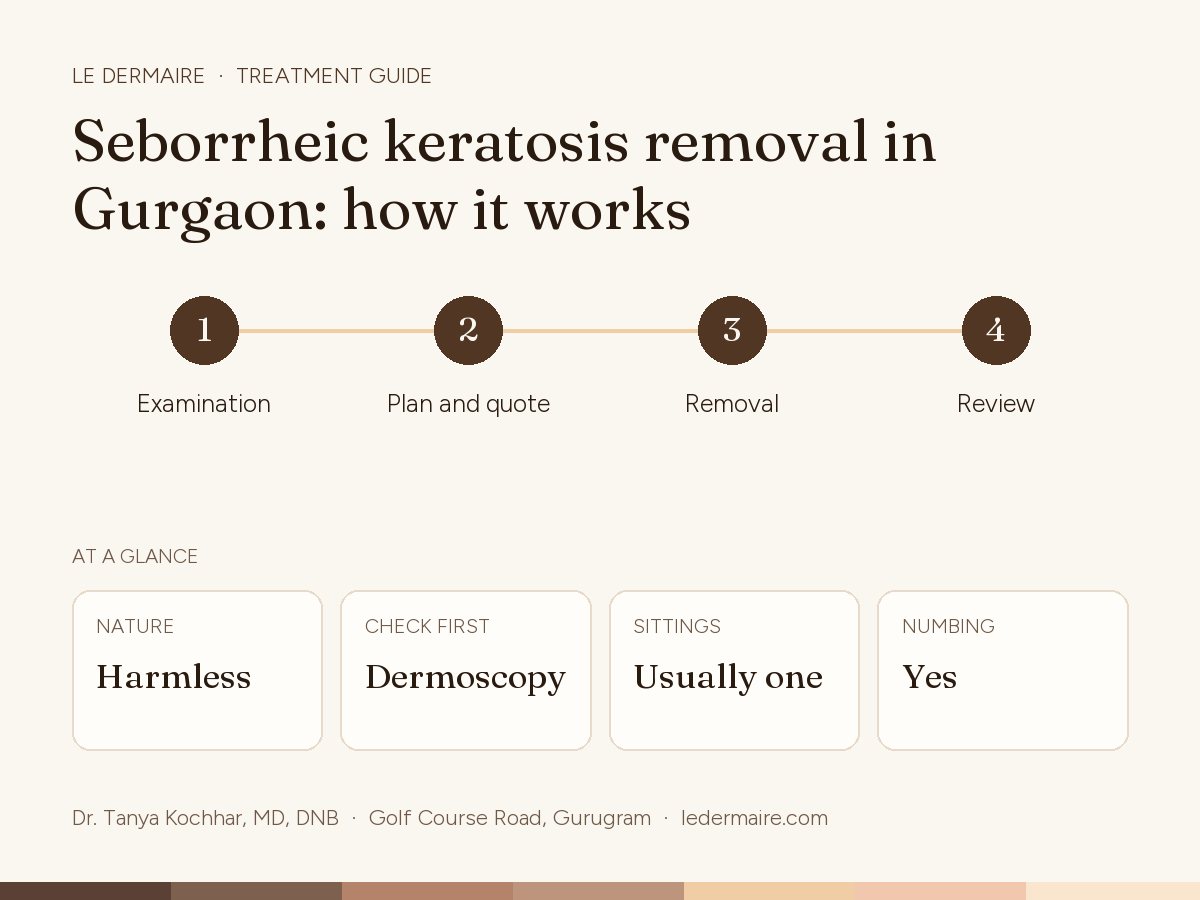 Seborrheic Keratosis Removal in Gurgaon at Le Dermaire, step by step: examination, plan and quote, removal, review. Typical figures: nature harmless; check first dermoscopy; sittings usually one; numbing yes.