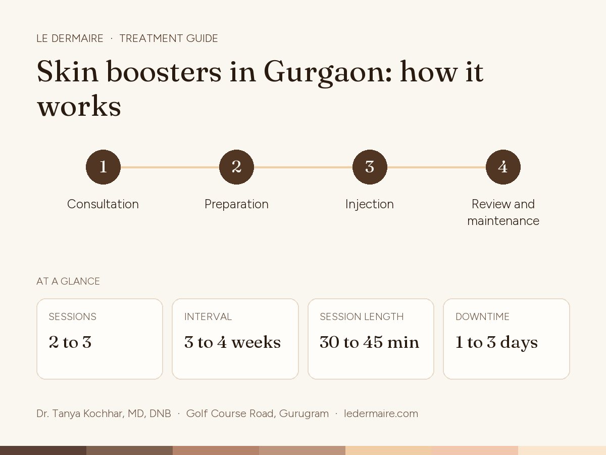 Skin Boosters in Gurgaon at Le Dermaire, step by step: consultation, preparation, injection, review and maintenance. Typical figures: sessions 2 to 3; interval 3 to 4 weeks; session length 30 to 45 min; downtime 1 to 3 days.