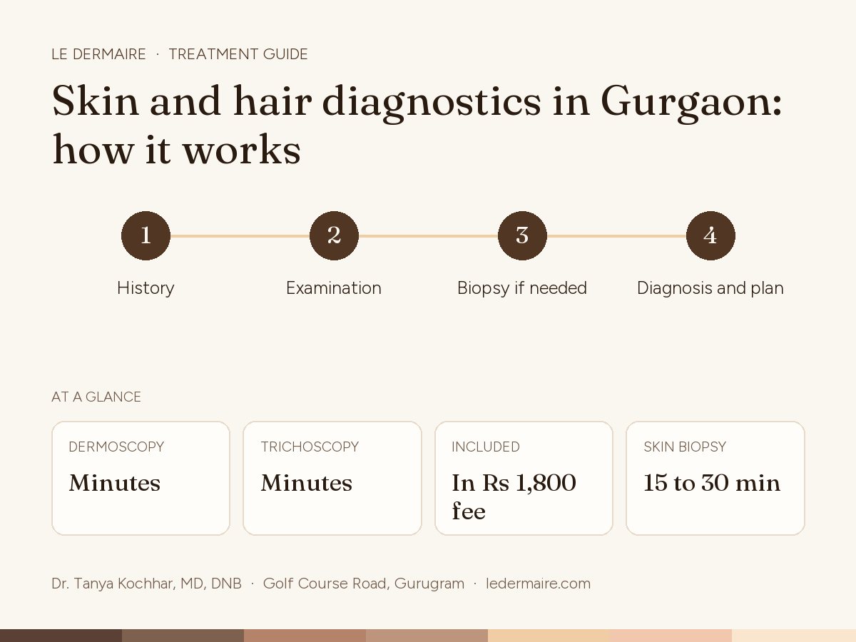 Dermoscopy & Trichoscopy in Gurgaon at Le Dermaire, step by step: history, examination, biopsy if needed, diagnosis and plan. Typical figures: dermoscopy minutes; trichoscopy minutes; included in Rs 1,800 fee; skin biopsy 15 to 30 min.