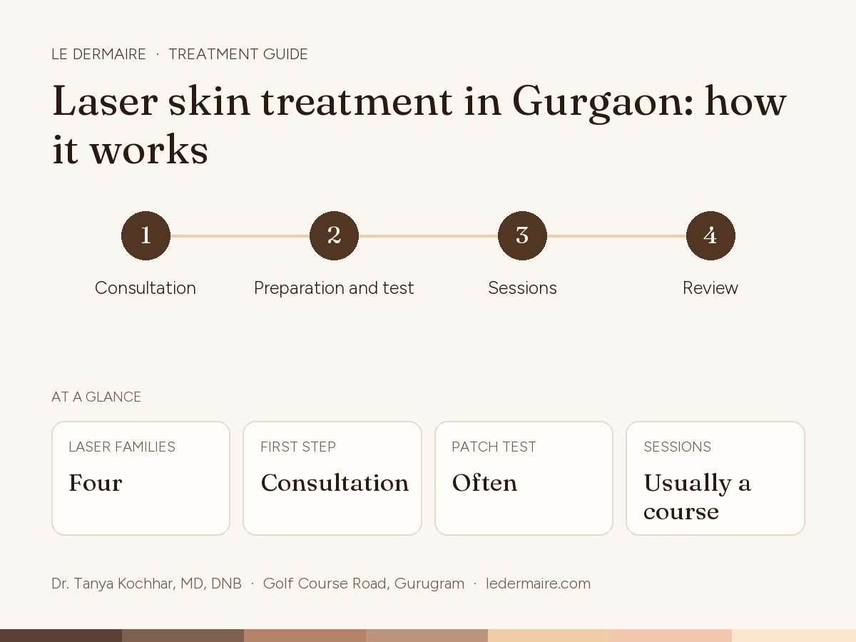 Laser Skin Treatments in Gurgaon at Le Dermaire, step by step: consultation, preparation and test, sessions, review. Typical figures: laser families four; first step consultation; patch test often; sessions usually a course.